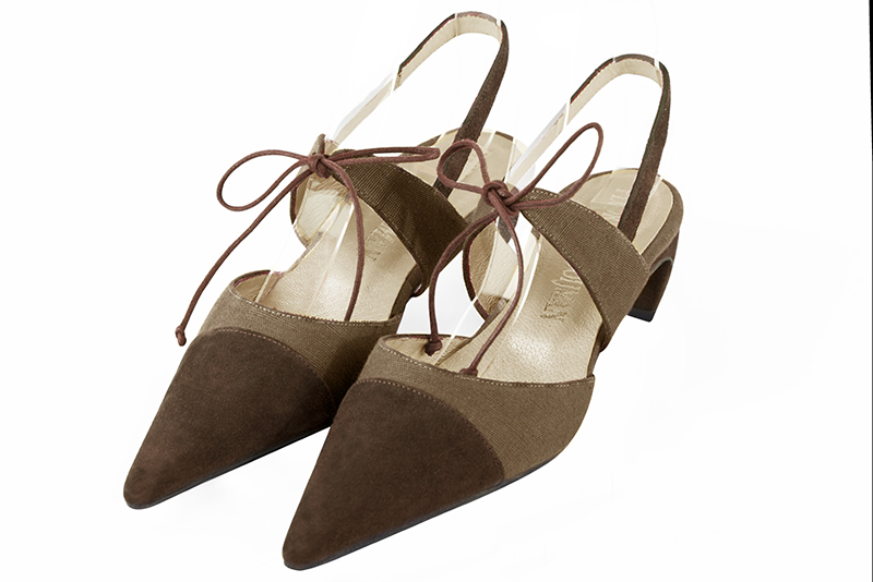 Chocolate brown and camel beige women's open back shoes, with an instep strap. Pointed toe. Low comma heels. Front view - Florence KOOIJMAN